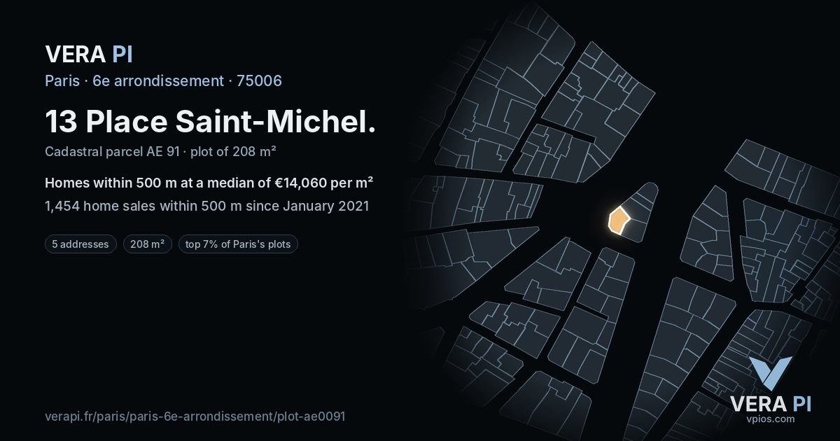 13 Place Saint-Michel, 6e arrondissement at night – the plot lit, the parcels around coloured by the prices near them