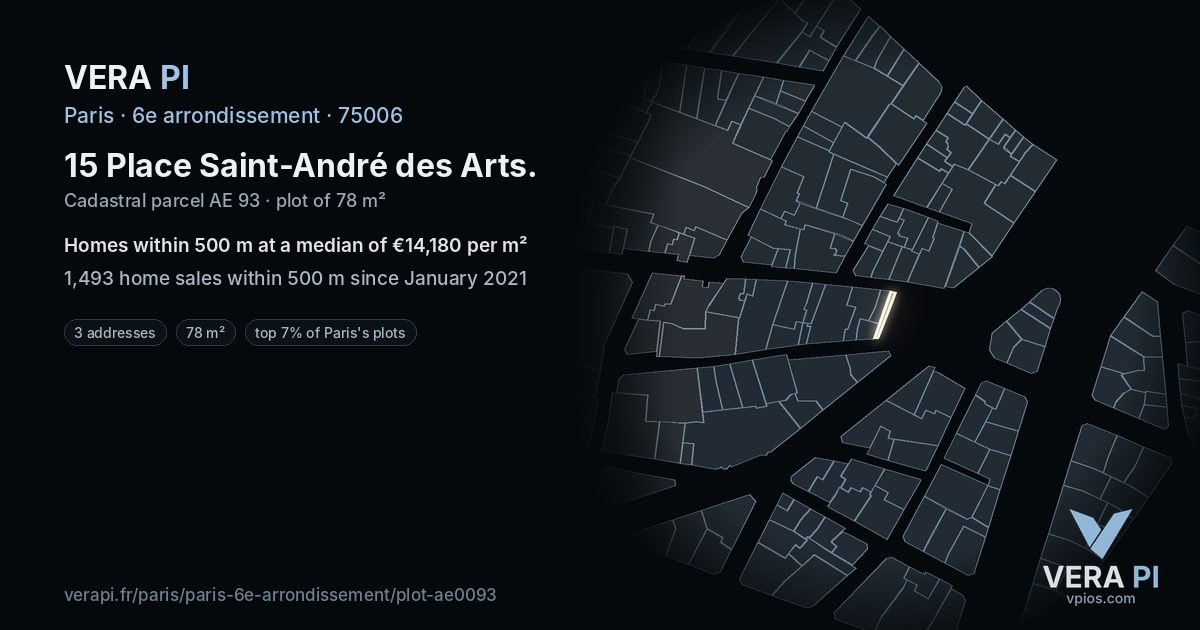 15 Place Saint-André des Arts, 6e arrondissement at night – the plot lit, the parcels around coloured by the prices near them
