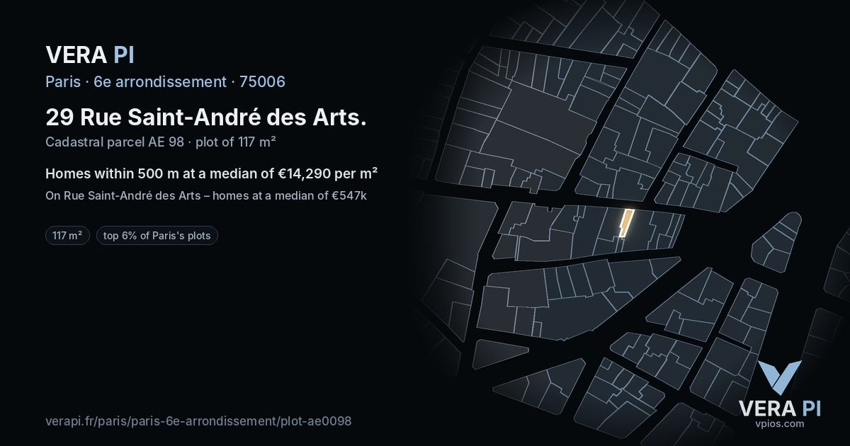 29 Rue Saint-André des Arts, 6e arrondissement at night – the plot lit, the parcels around coloured by the prices near them