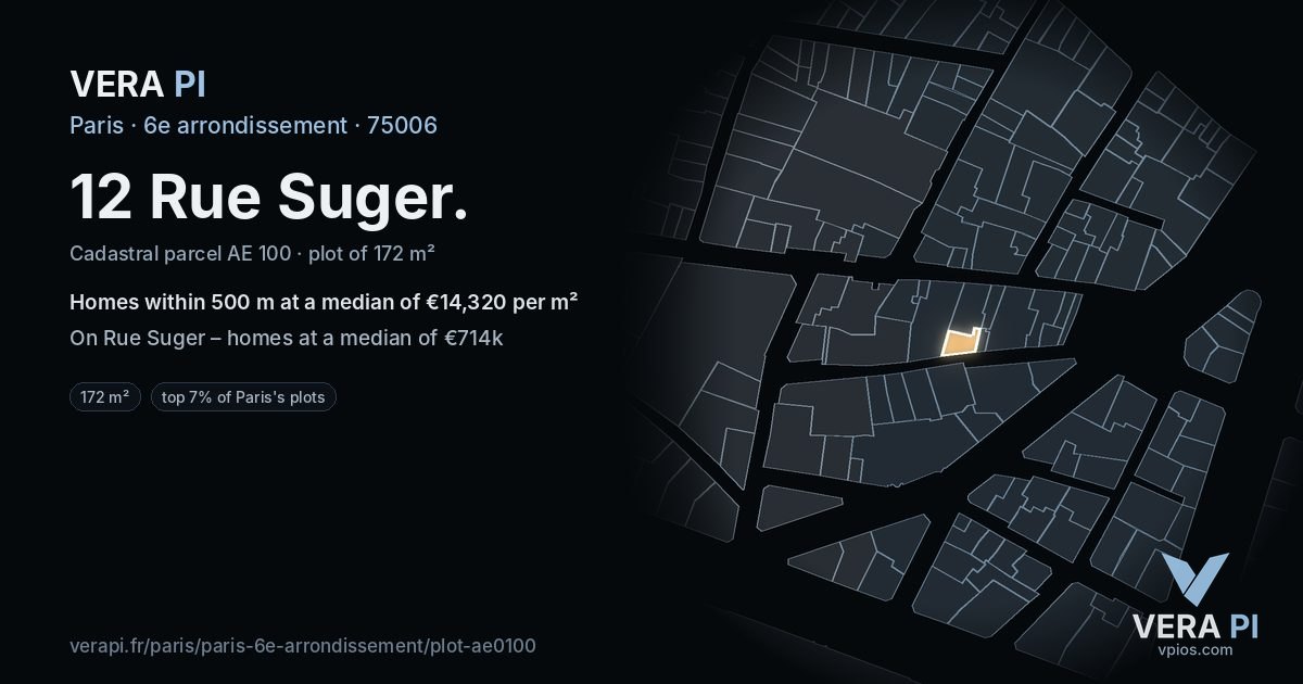 12 Rue Suger, 6e arrondissement at night – the plot lit, the parcels around coloured by the prices near them
