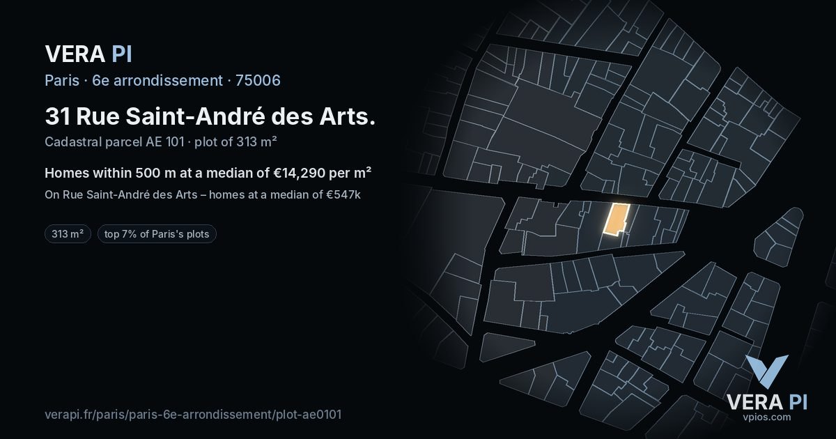 31 Rue Saint-André des Arts, 6e arrondissement at night – the plot lit, the parcels around coloured by the prices near them