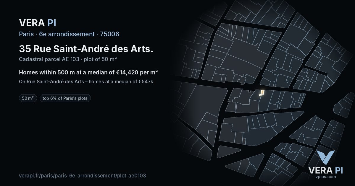 35 Rue Saint-André des Arts, 6e arrondissement at night – the plot lit, the parcels around coloured by the prices near them