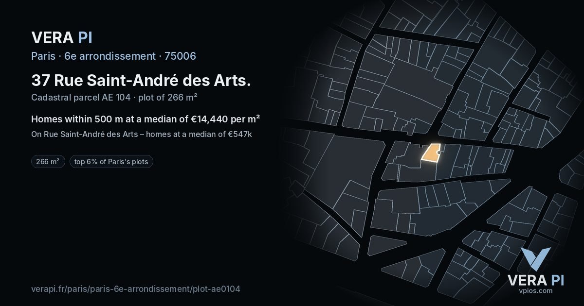 37 Rue Saint-André des Arts, 6e arrondissement at night – the plot lit, the parcels around coloured by the prices near them