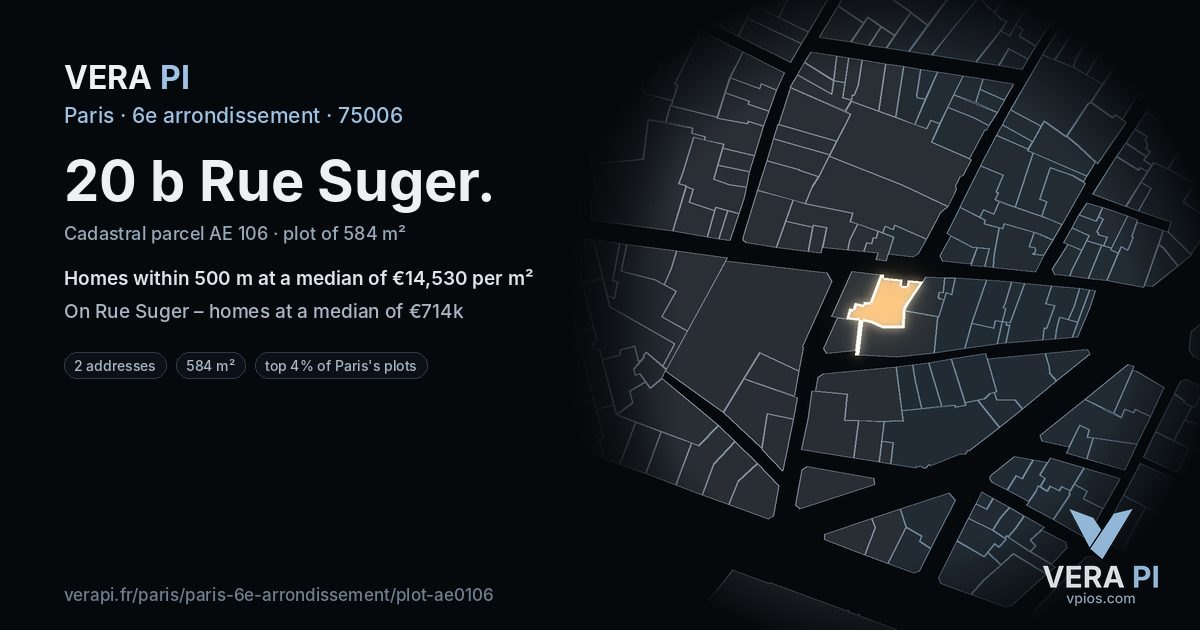 20 b Rue Suger, 6e arrondissement at night – the plot lit, the parcels around coloured by the prices near them