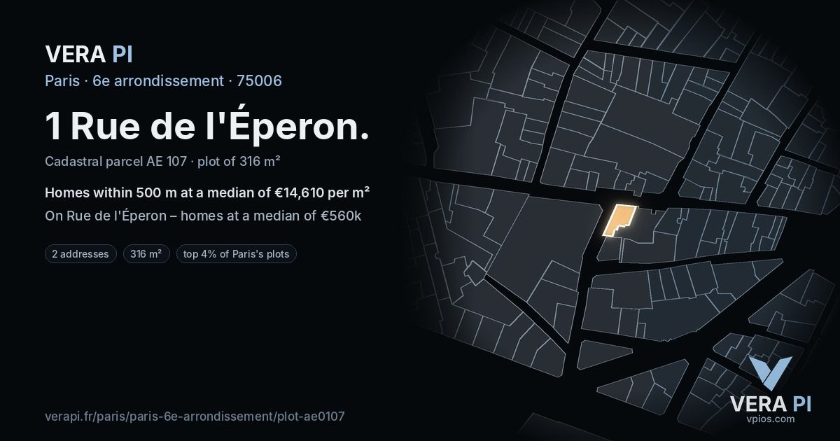 1 Rue de l'Éperon, 6e arrondissement at night – the plot lit, the parcels around coloured by the prices near them