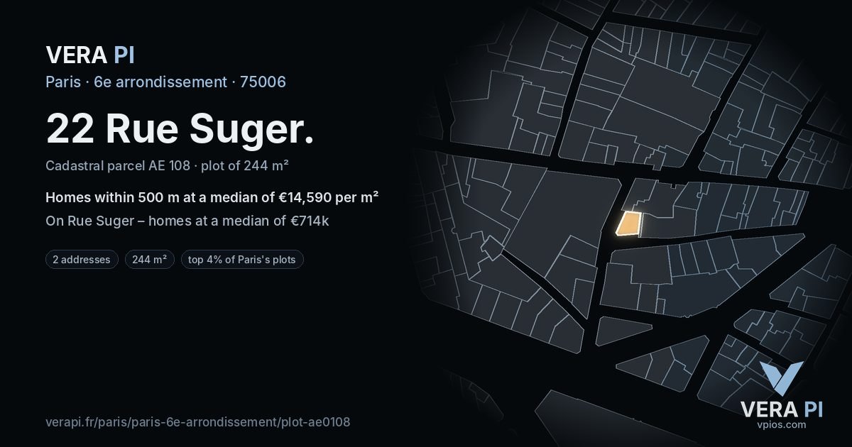 22 Rue Suger, 6e arrondissement at night – the plot lit, the parcels around coloured by the prices near them