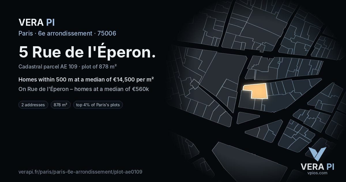 5 Rue de l'Éperon, 6e arrondissement at night – the plot lit, the parcels around coloured by the prices near them