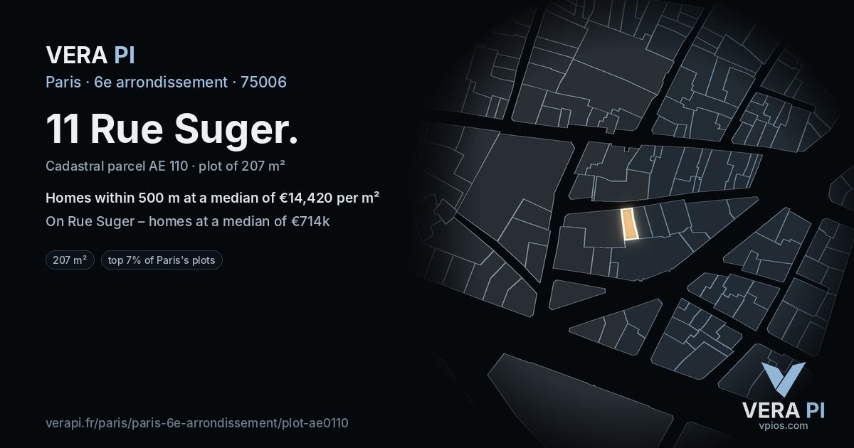 11 Rue Suger, 6e arrondissement at night – the plot lit, the parcels around coloured by the prices near them