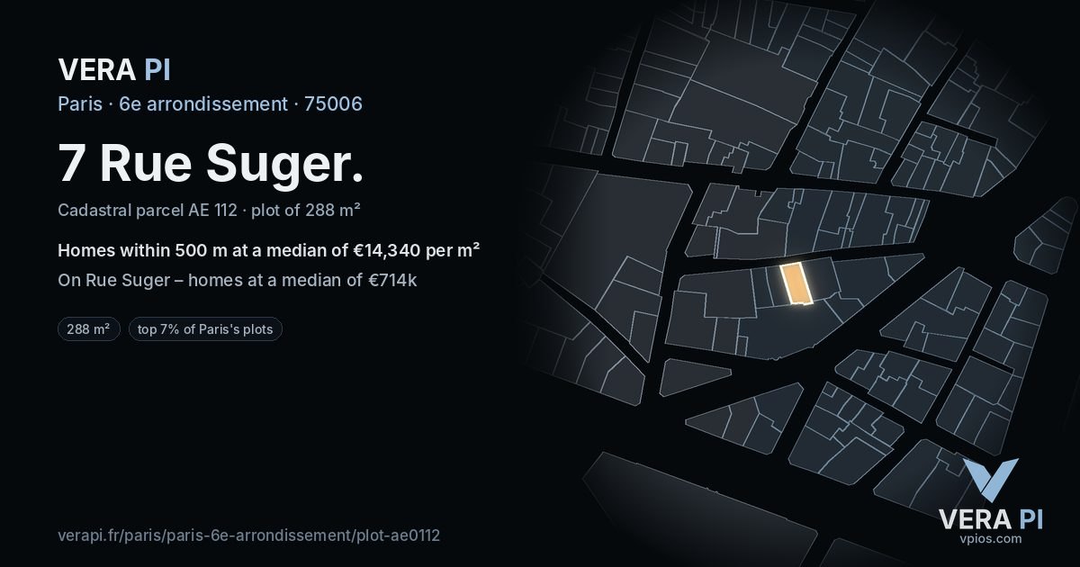 7 Rue Suger, 6e arrondissement at night – the plot lit, the parcels around coloured by the prices near them