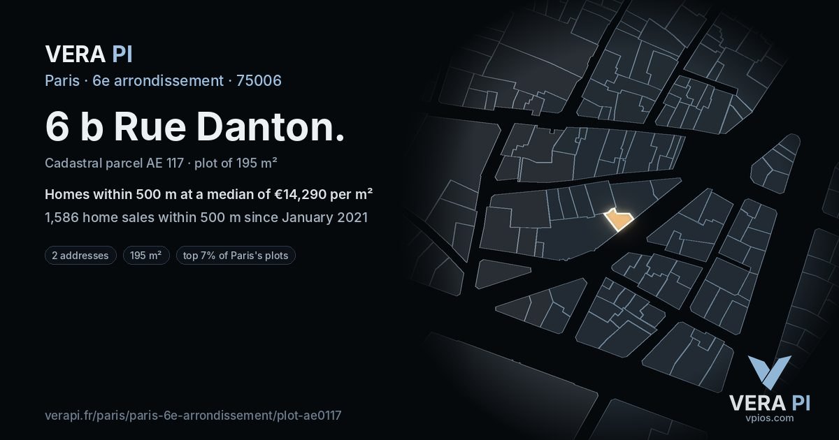 6 b Rue Danton, 6e arrondissement at night – the plot lit, the parcels around coloured by the prices near them