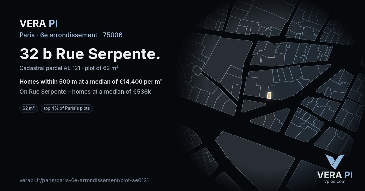 32 b Rue Serpente, 6e arrondissement at night – the plot lit, the parcels around coloured by the prices near them