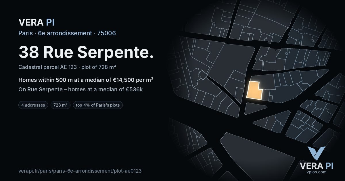 38 Rue Serpente, 6e arrondissement at night – the plot lit, the parcels around coloured by the prices near them