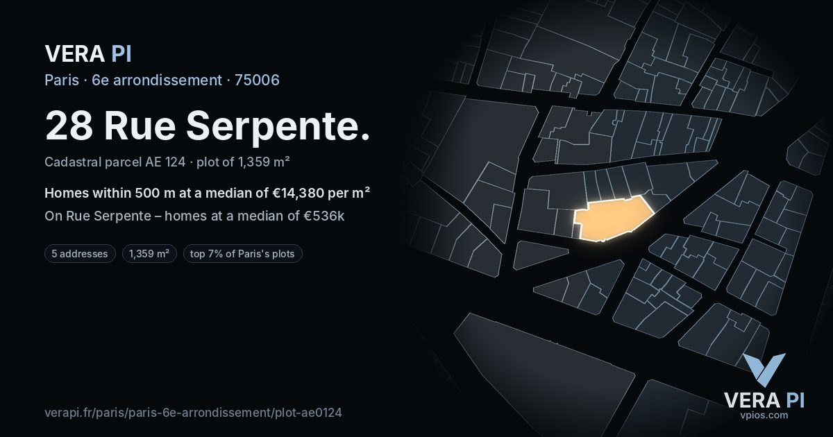 28 Rue Serpente, 6e arrondissement at night – the plot lit, the parcels around coloured by the prices near them