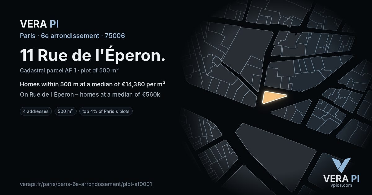 11 Rue de l'Éperon, 6e arrondissement at night – the plot lit, the parcels around coloured by the prices near them