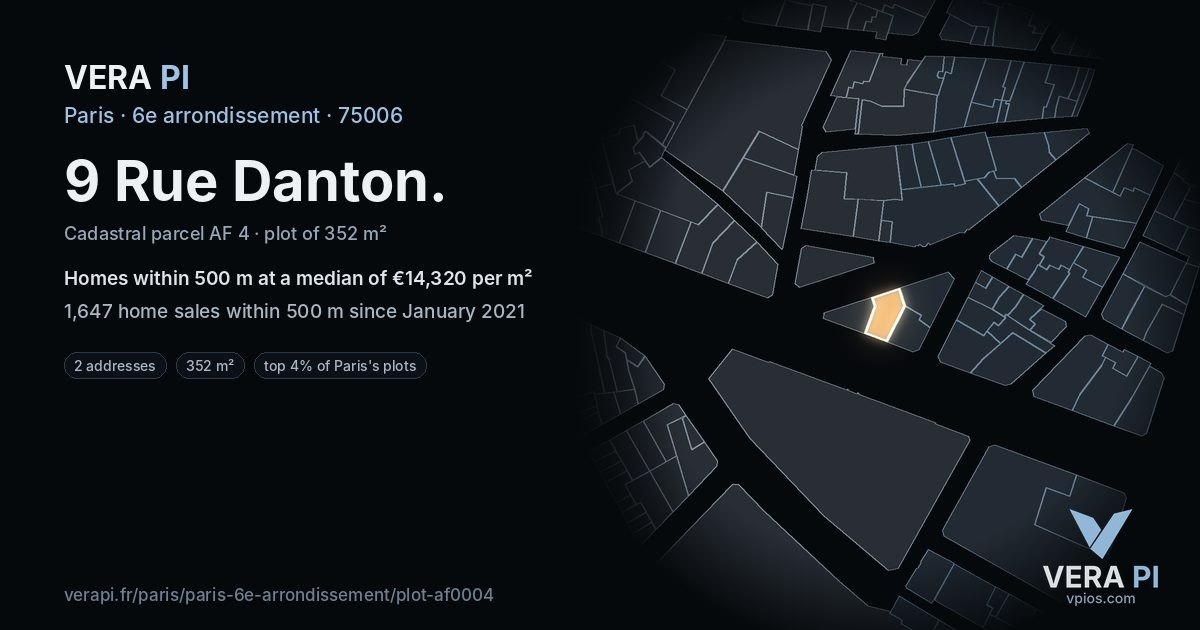 9 Rue Danton, 6e arrondissement at night – the plot lit, the parcels around coloured by the prices near them