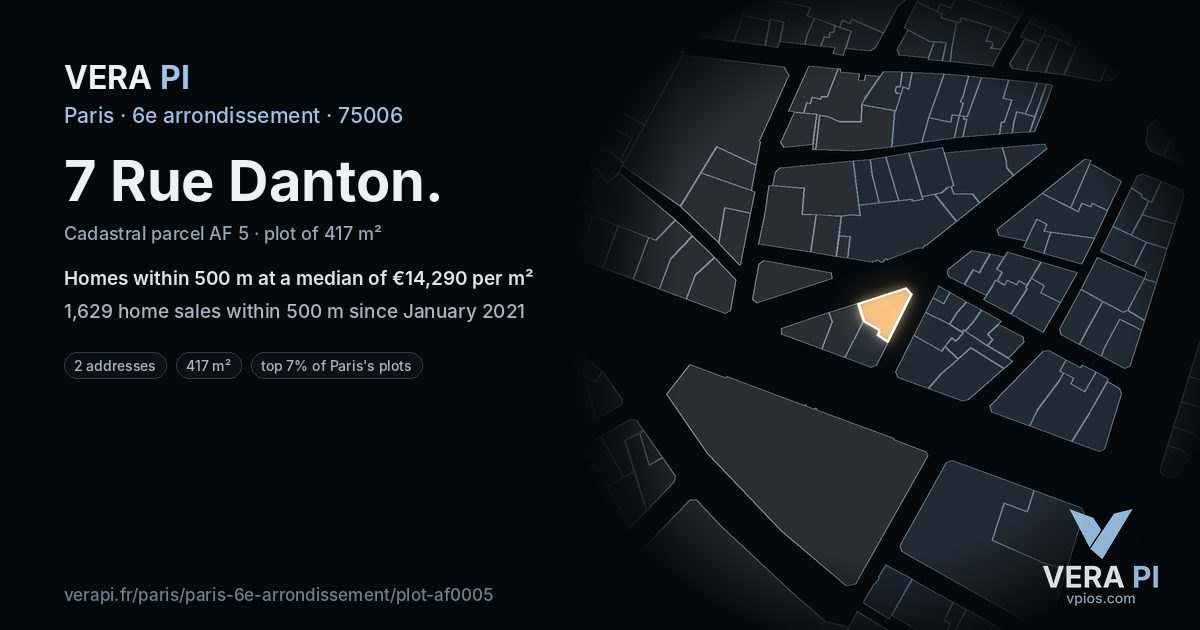 7 Rue Danton, 6e arrondissement at night – the plot lit, the parcels around coloured by the prices near them