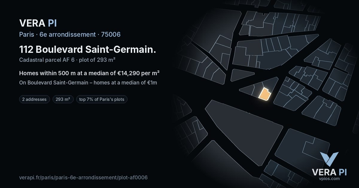 112 Boulevard Saint-Germain, 6e arrondissement at night – the plot lit, the parcels around coloured by the prices near them