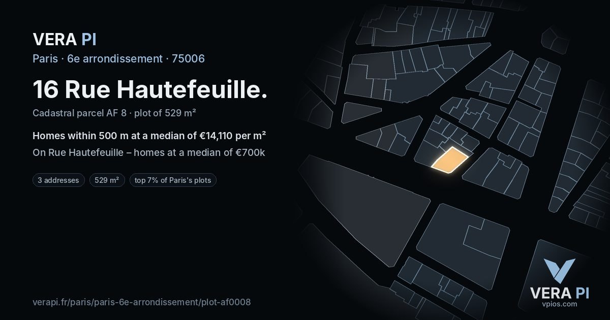 16 Rue Hautefeuille, 6e arrondissement at night – the plot lit, the parcels around coloured by the prices near them