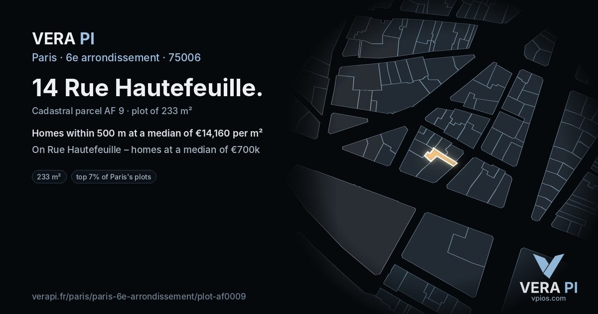14 Rue Hautefeuille, 6e arrondissement at night – the plot lit, the parcels around coloured by the prices near them
