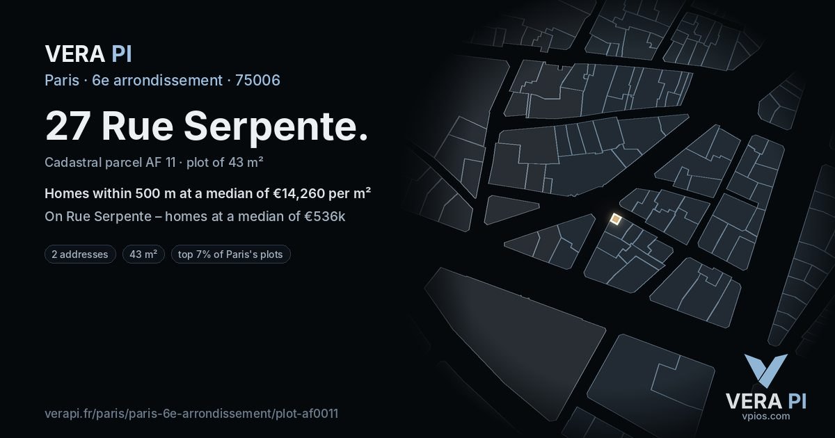 27 Rue Serpente, 6e arrondissement at night – the plot lit, the parcels around coloured by the prices near them