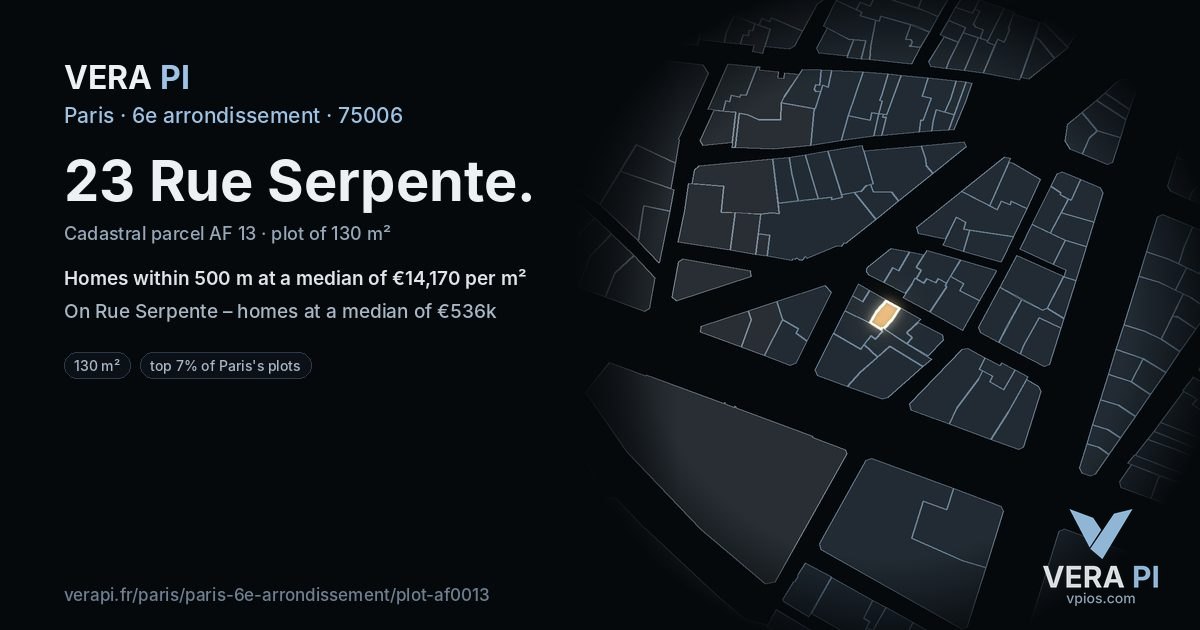 23 Rue Serpente, 6e arrondissement at night – the plot lit, the parcels around coloured by the prices near them