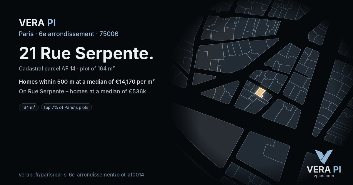 21 Rue Serpente, 6e arrondissement at night – the plot lit, the parcels around coloured by the prices near them