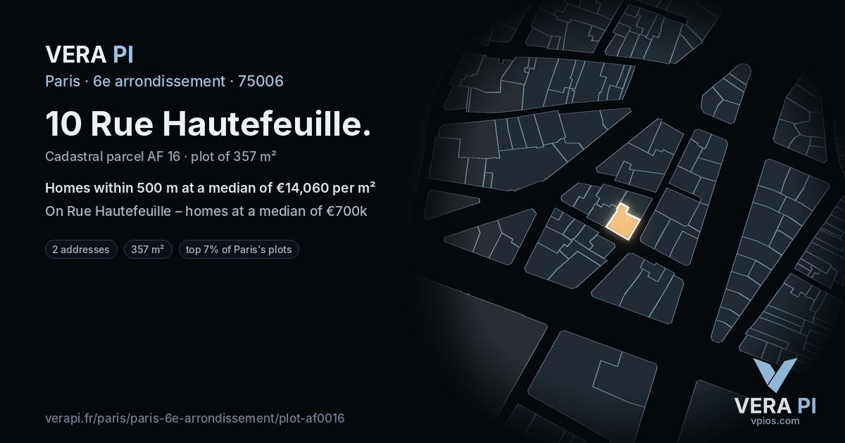 10 Rue Hautefeuille, 6e arrondissement at night – the plot lit, the parcels around coloured by the prices near them