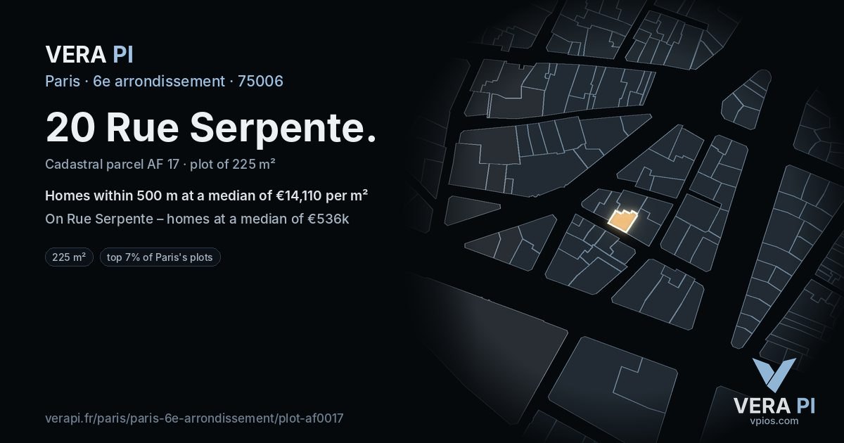 20 Rue Serpente, 6e arrondissement at night – the plot lit, the parcels around coloured by the prices near them