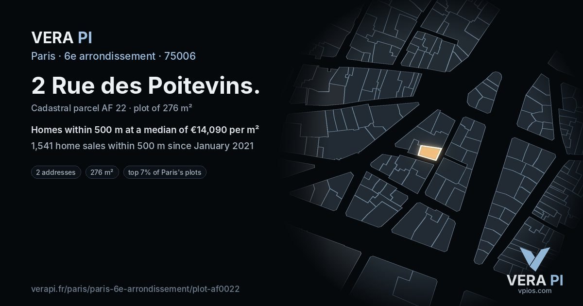 2 Rue des Poitevins, 6e arrondissement at night – the plot lit, the parcels around coloured by the prices near them
