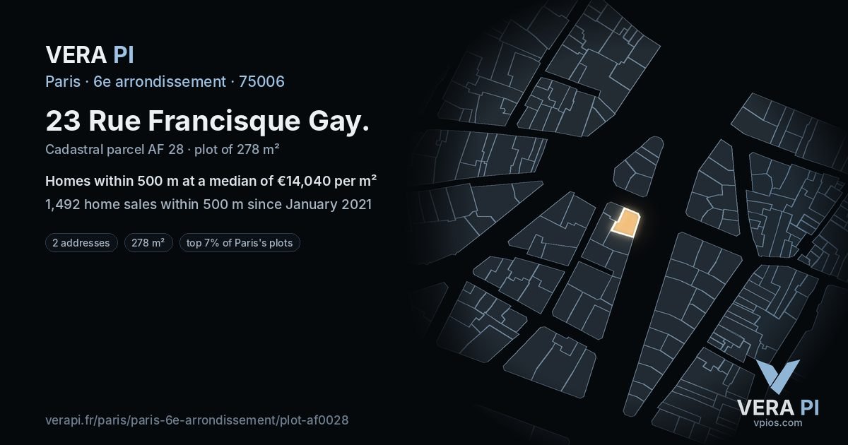 23 Rue Francisque Gay, 6e arrondissement at night – the plot lit, the parcels around coloured by the prices near them