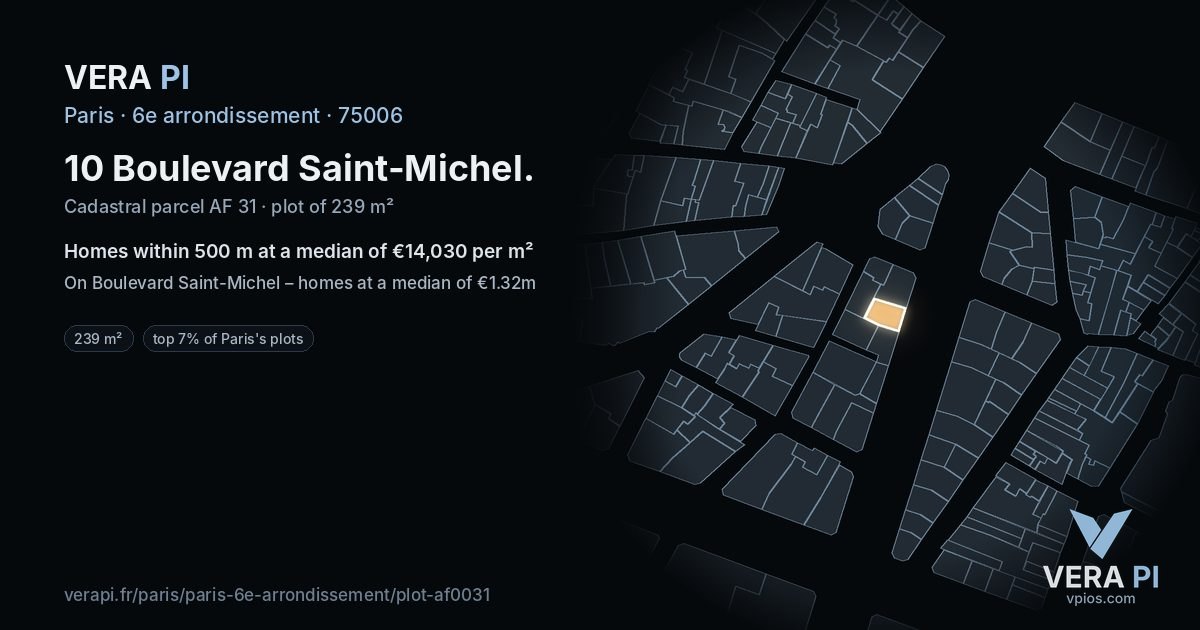 10 Boulevard Saint-Michel, 6e arrondissement at night – the plot lit, the parcels around coloured by the prices near them