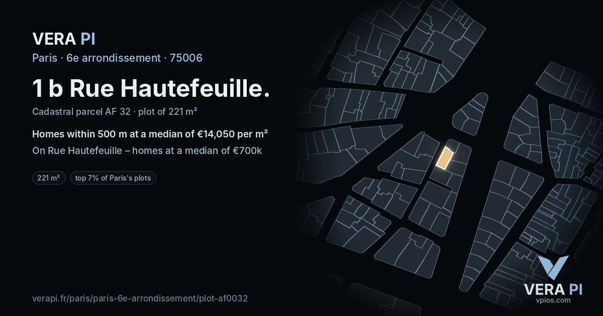 1 b Rue Hautefeuille, 6e arrondissement at night – the plot lit, the parcels around coloured by the prices near them