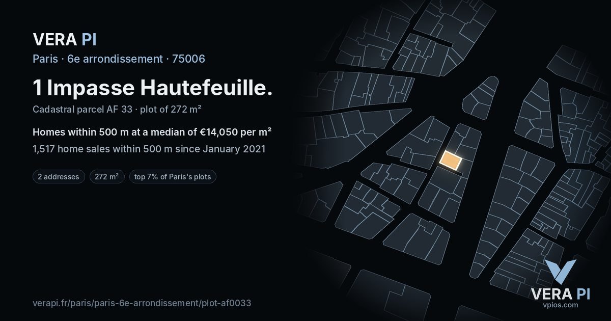 1 Impasse Hautefeuille, 6e arrondissement at night – the plot lit, the parcels around coloured by the prices near them