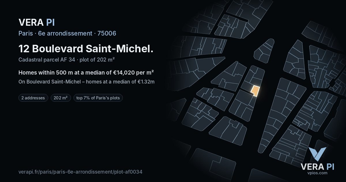 12 Boulevard Saint-Michel, 6e arrondissement at night – the plot lit, the parcels around coloured by the prices near them