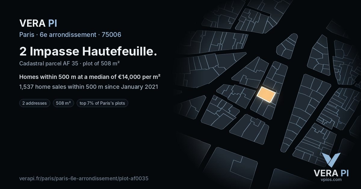 2 Impasse Hautefeuille, 6e arrondissement at night – the plot lit, the parcels around coloured by the prices near them