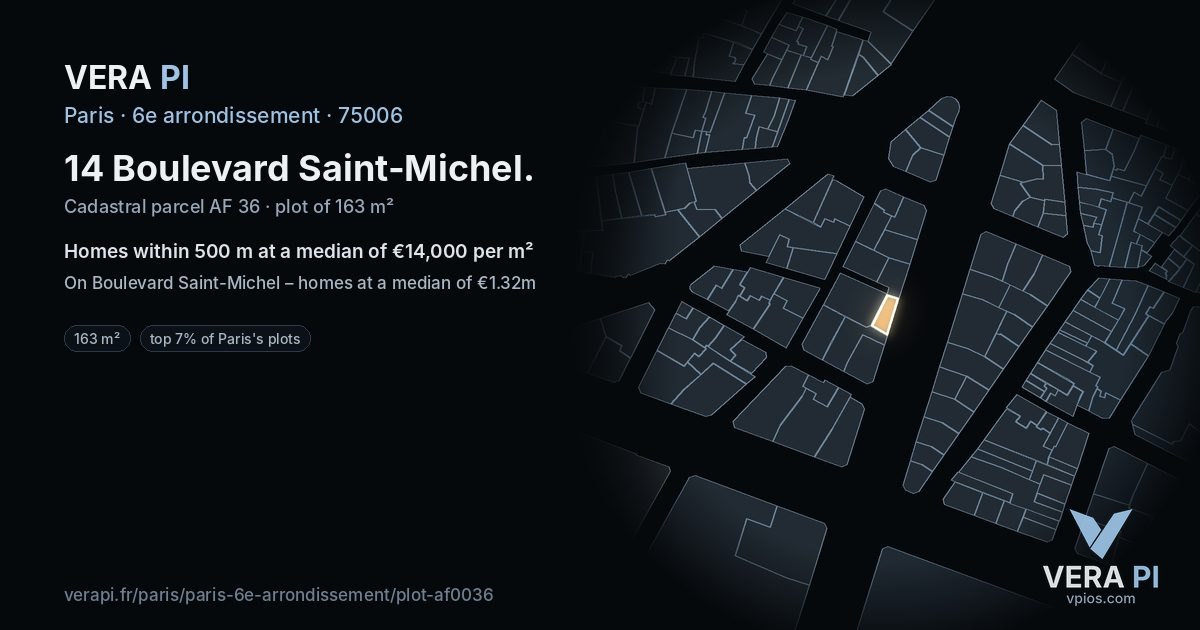 14 Boulevard Saint-Michel, 6e arrondissement at night – the plot lit, the parcels around coloured by the prices near them