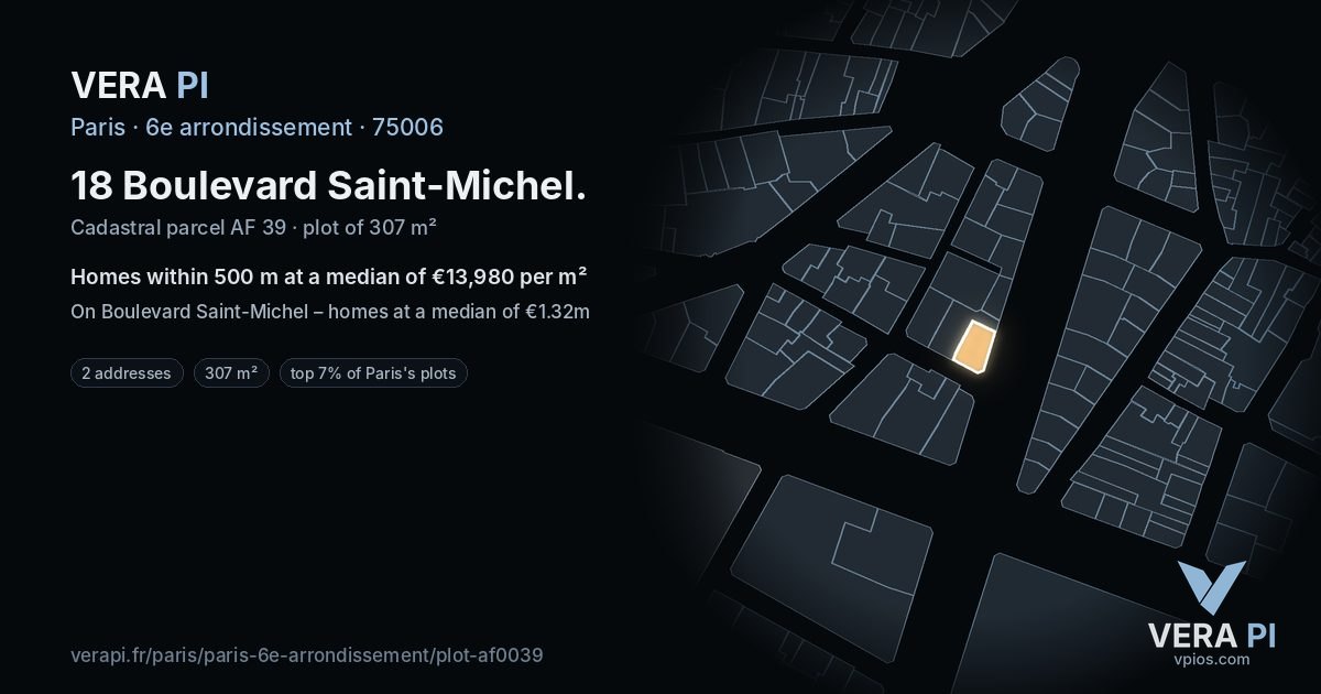 18 Boulevard Saint-Michel, 6e arrondissement at night – the plot lit, the parcels around coloured by the prices near them