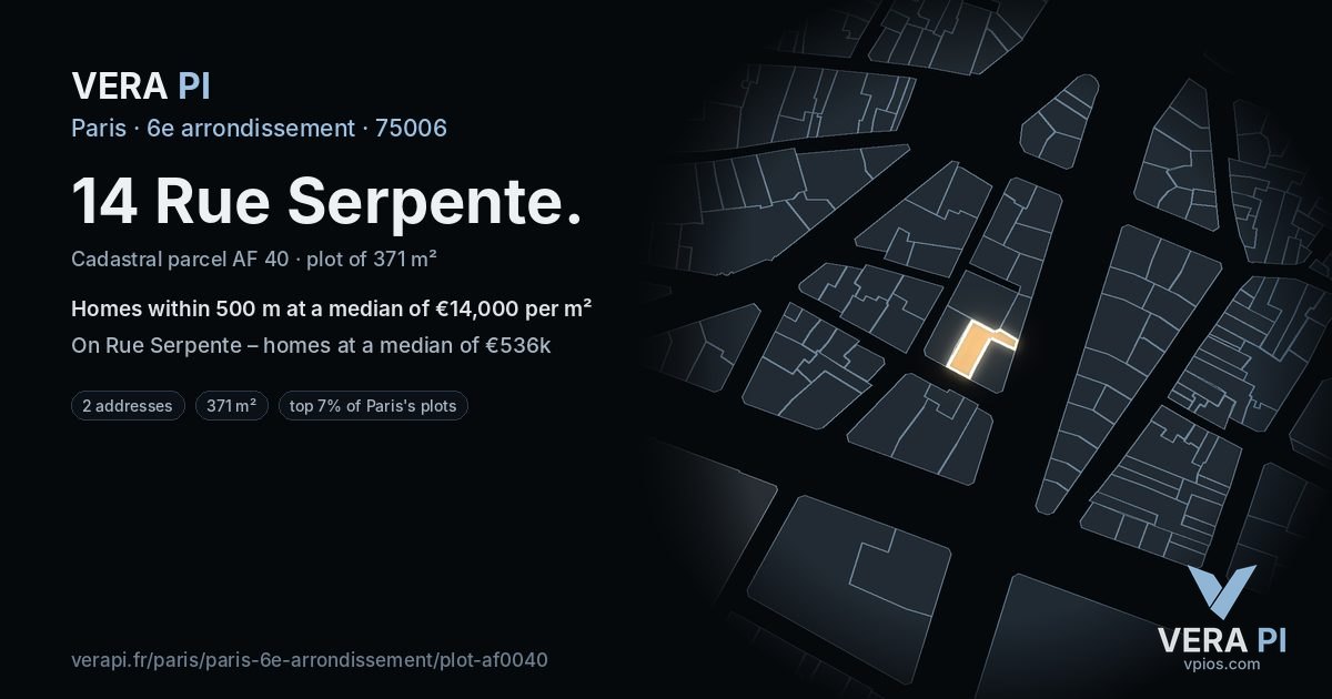 14 Rue Serpente, 6e arrondissement at night – the plot lit, the parcels around coloured by the prices near them
