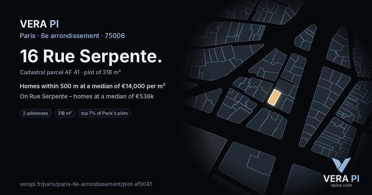 16 Rue Serpente, 6e arrondissement at night – the plot lit, the parcels around coloured by the prices near them