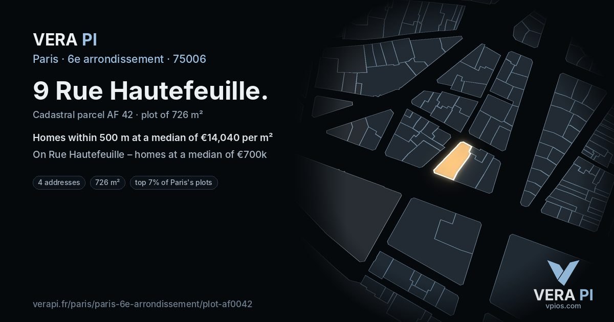 9 Rue Hautefeuille, 6e arrondissement at night – the plot lit, the parcels around coloured by the prices near them