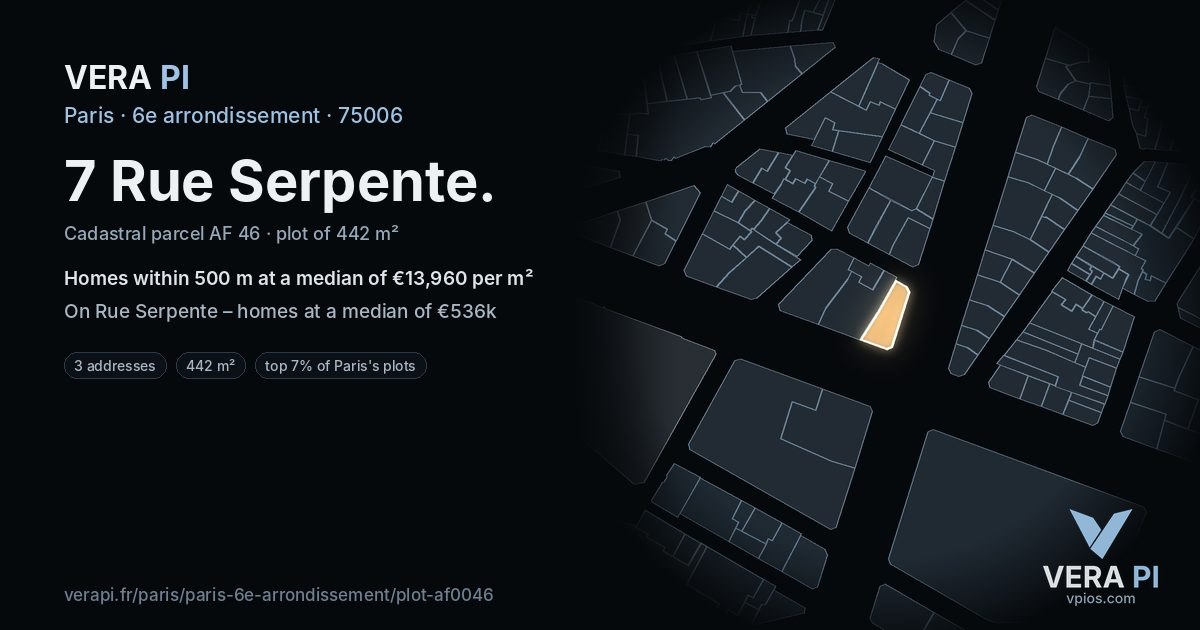 7 Rue Serpente, 6e arrondissement at night – the plot lit, the parcels around coloured by the prices near them