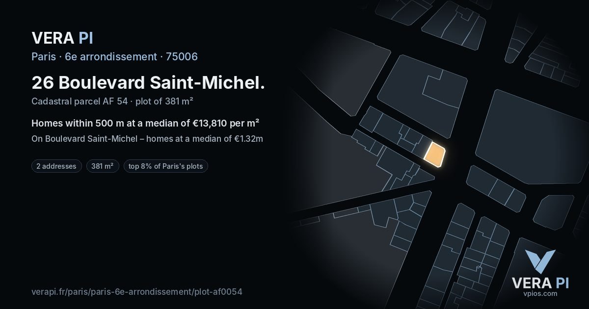 26 Boulevard Saint-Michel, 6e arrondissement at night – the plot lit, the parcels around coloured by the prices near them
