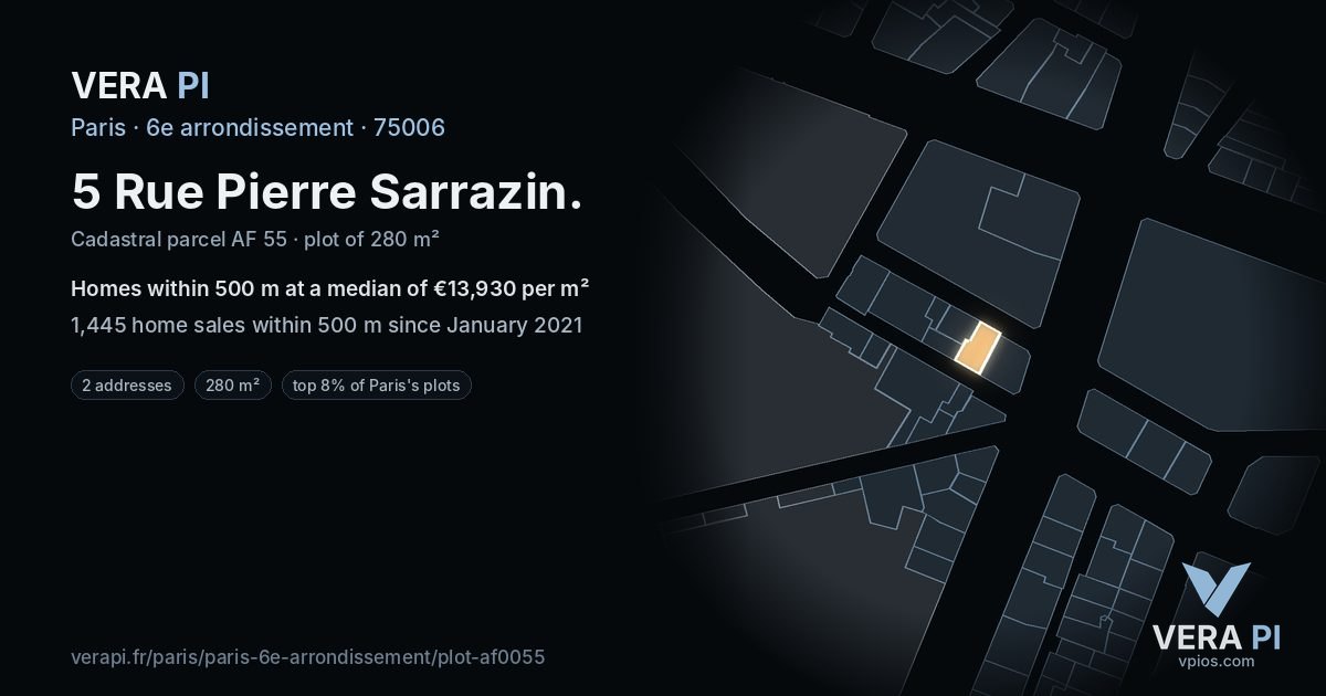 5 Rue Pierre Sarrazin, 6e arrondissement at night – the plot lit, the parcels around coloured by the prices near them