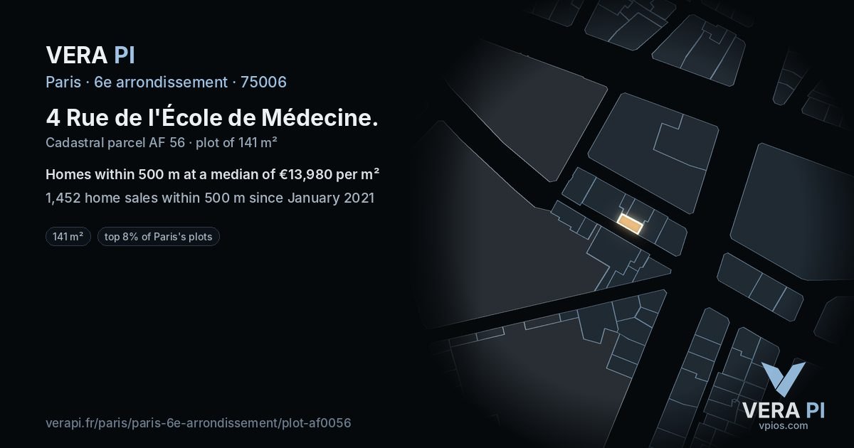 4 Rue de l'École de Médecine, 6e arrondissement at night – the plot lit, the parcels around coloured by the prices near them