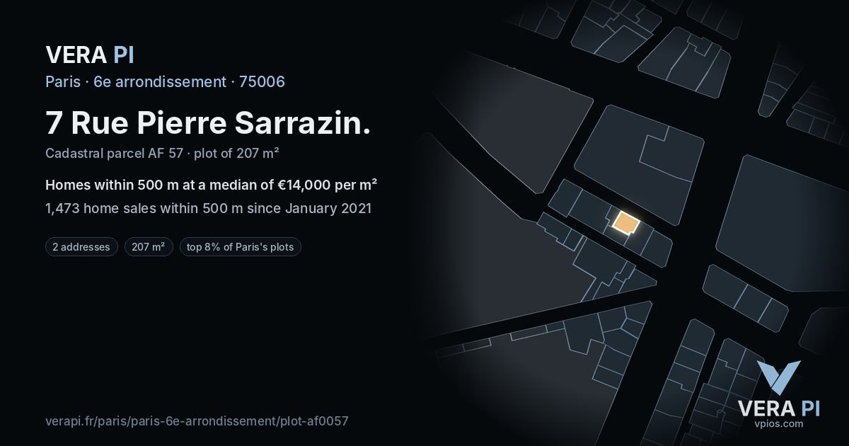 7 Rue Pierre Sarrazin, 6e arrondissement at night – the plot lit, the parcels around coloured by the prices near them