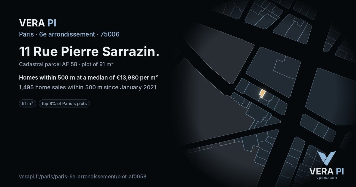 11 Rue Pierre Sarrazin, 6e arrondissement at night – the plot lit, the parcels around coloured by the prices near them