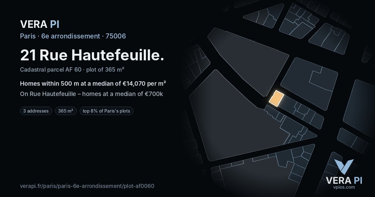 21 Rue Hautefeuille, 6e arrondissement at night – the plot lit, the parcels around coloured by the prices near them
