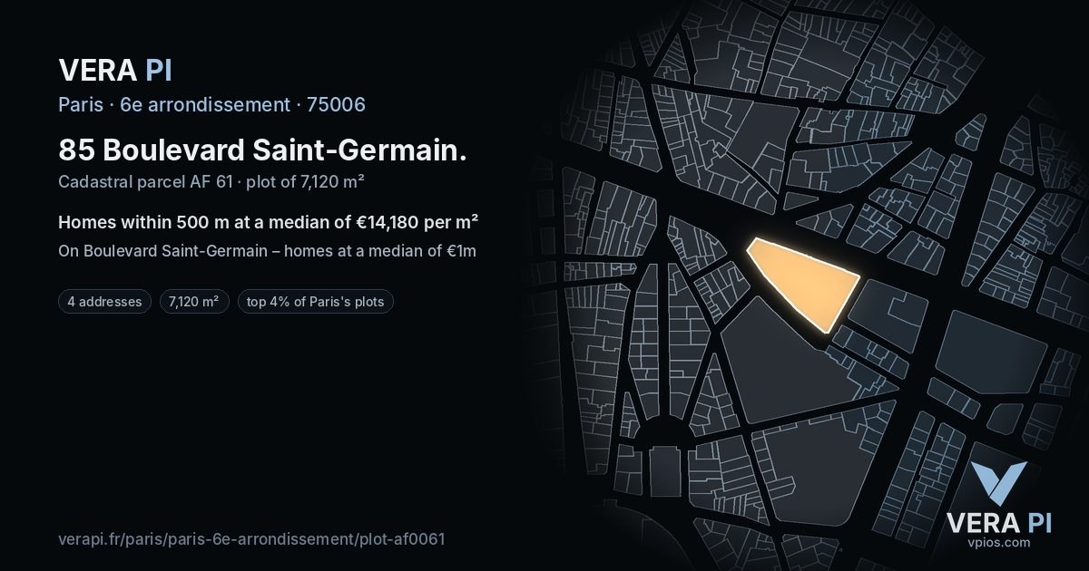 85 Boulevard Saint-Germain, 6e arrondissement at night – the plot lit, the parcels around coloured by the prices near them