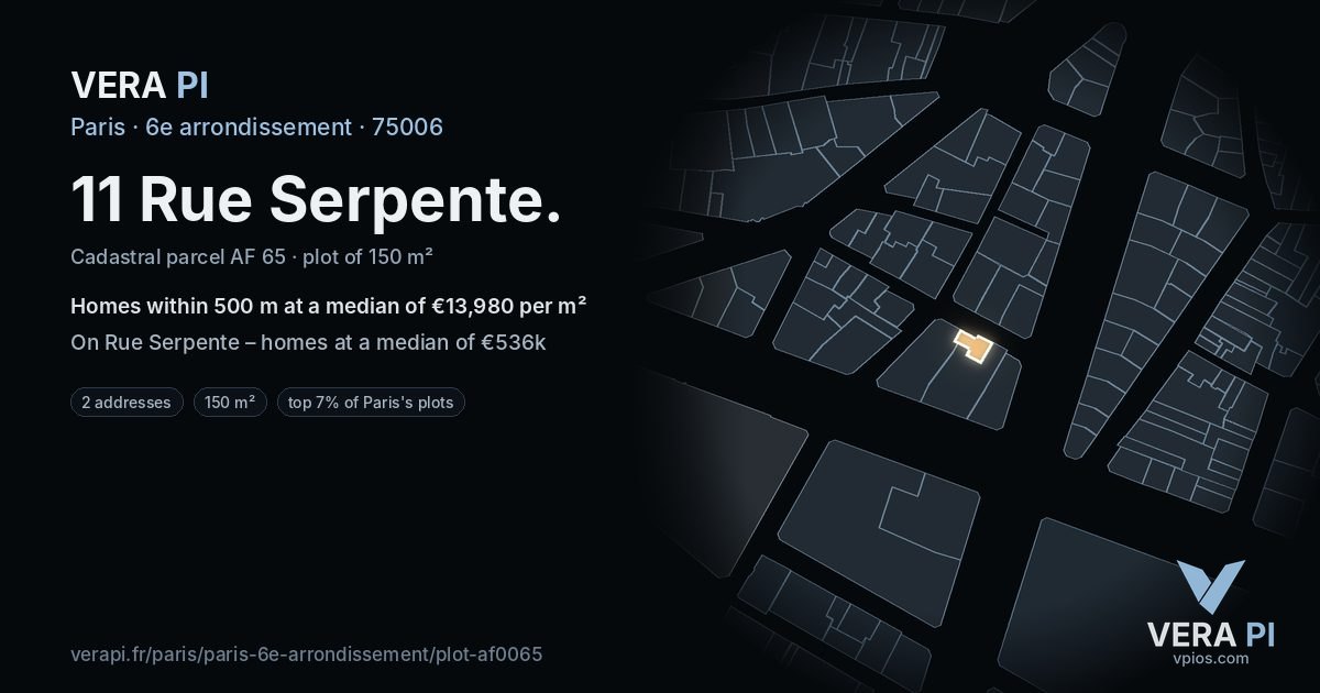 11 Rue Serpente, 6e arrondissement at night – the plot lit, the parcels around coloured by the prices near them