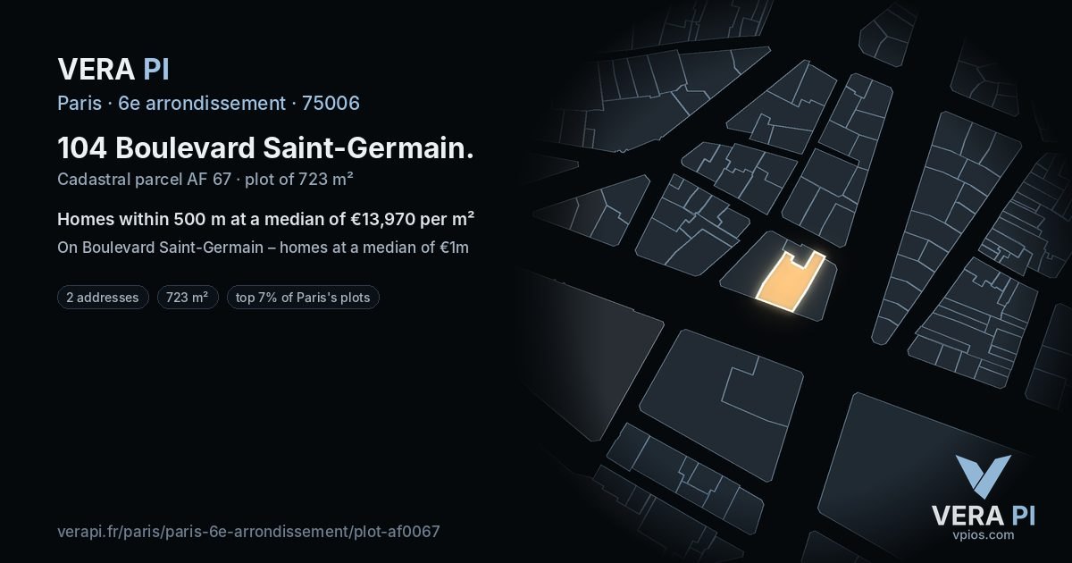 104 Boulevard Saint-Germain, 6e arrondissement at night – the plot lit, the parcels around coloured by the prices near them